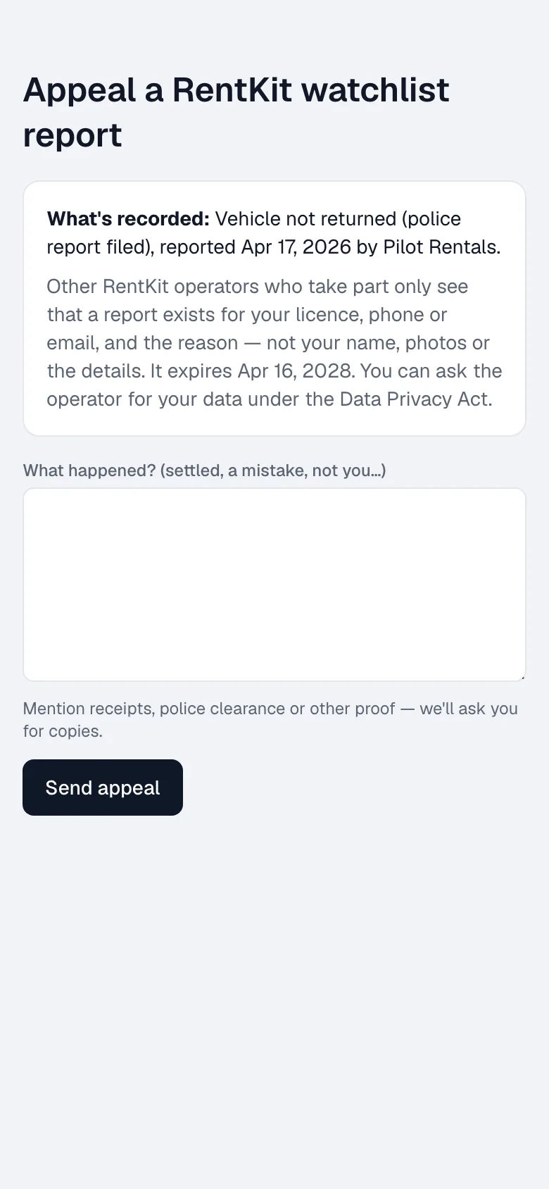 The watchlist appeal page a listed renter opens from their message
