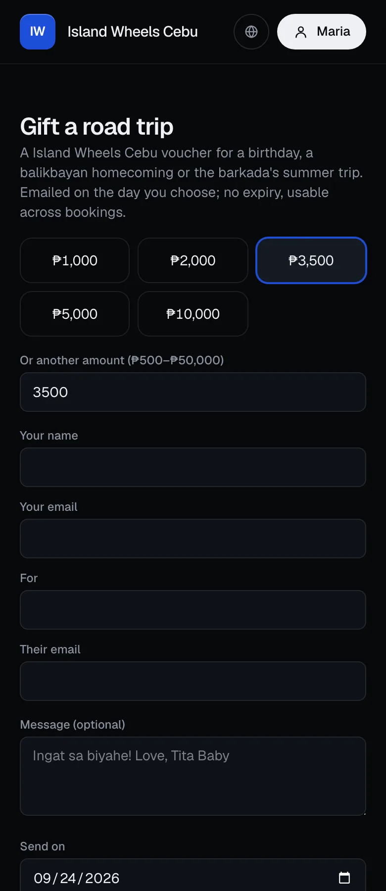 The gift voucher page: amount, names, message, send date and payment