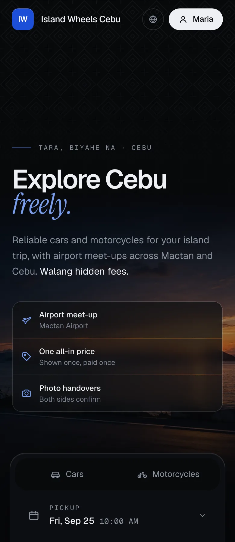 The Island Wheels booking site on a phone: headline, date search and the fleet