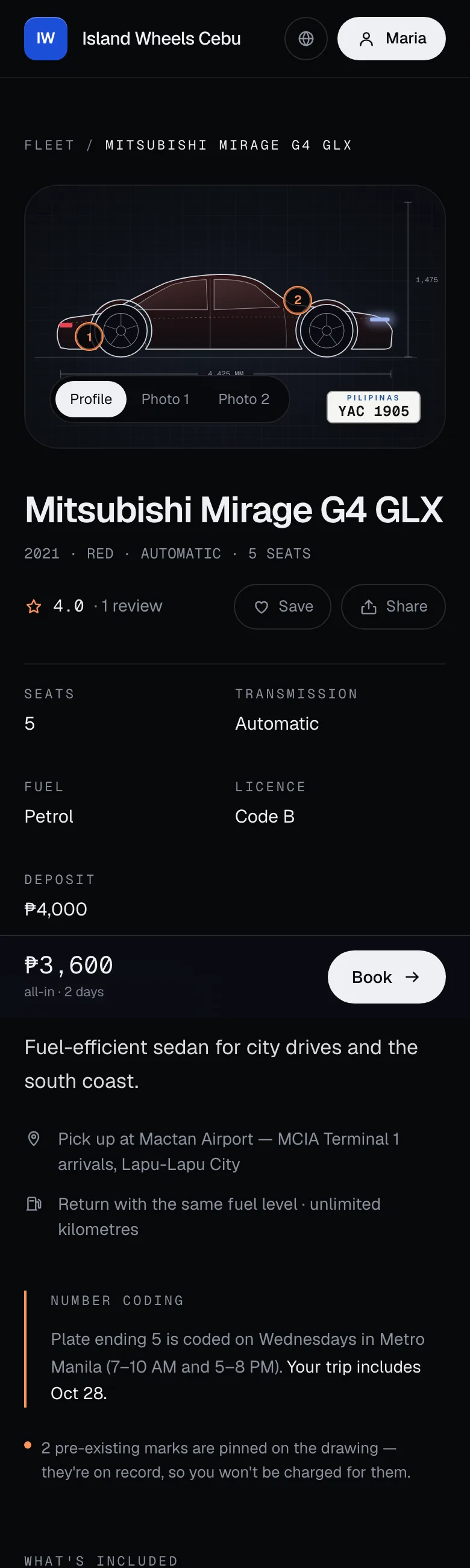A vehicle page on a phone: the side profile with a pre-existing mark pinned, specs and the number coding note