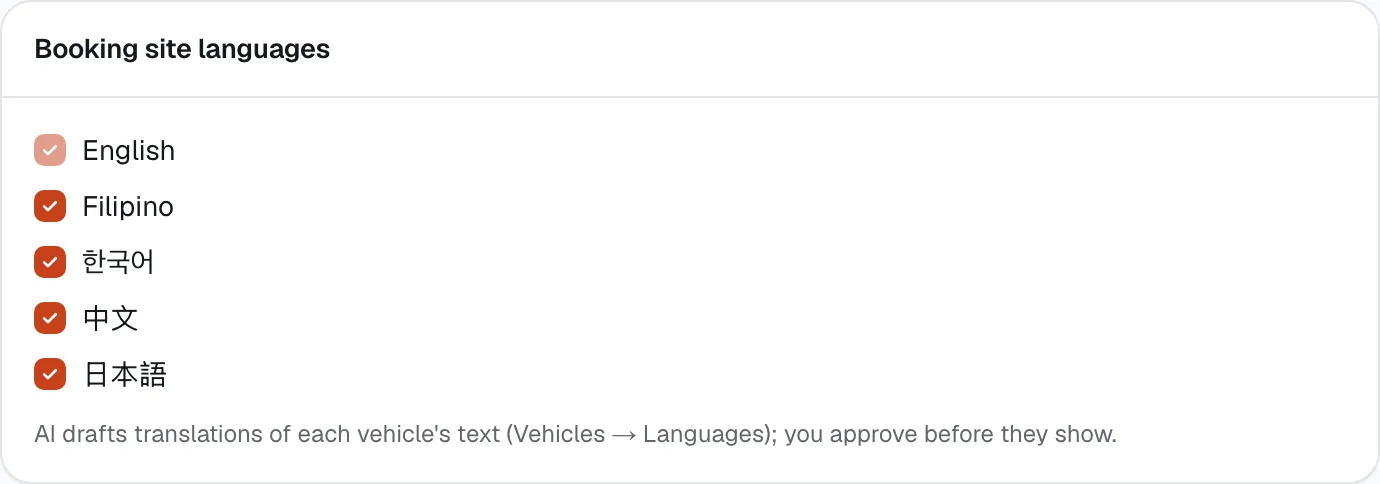 Settings, Languages tab: the booking site languages