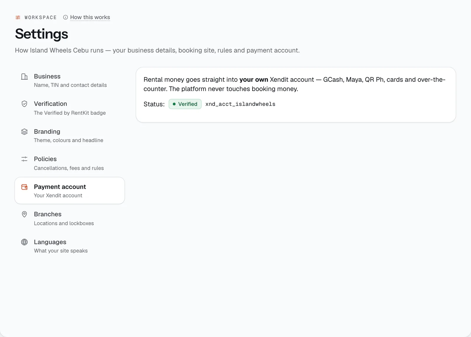 Settings, Payment account tab: the Xendit account status