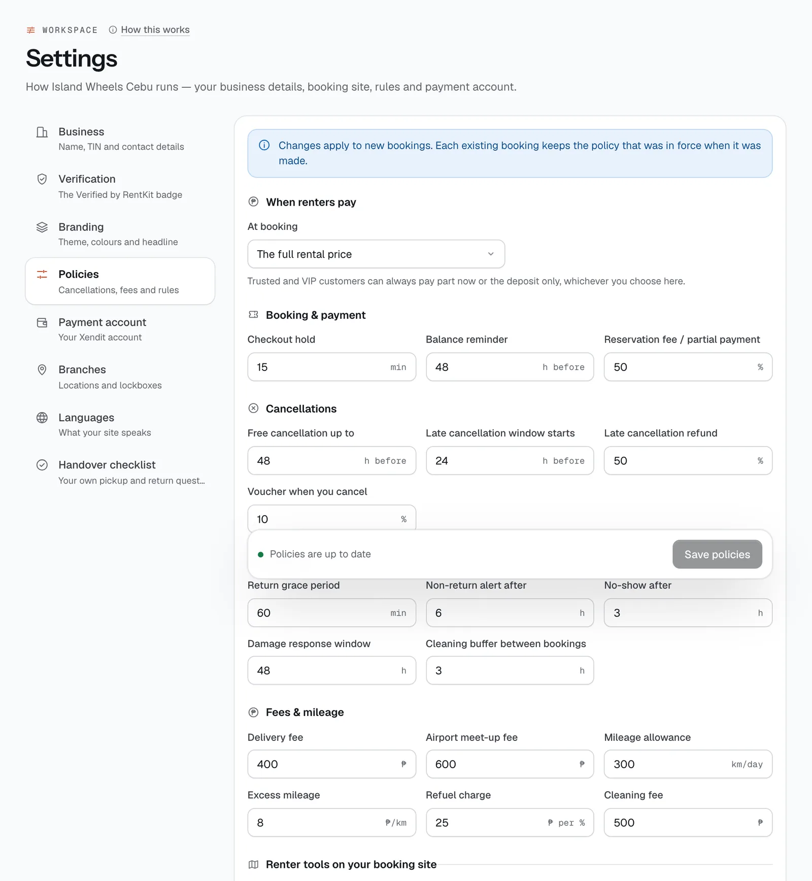 Settings, Policies tab: when renters pay, booking and payment, and cancellation rules