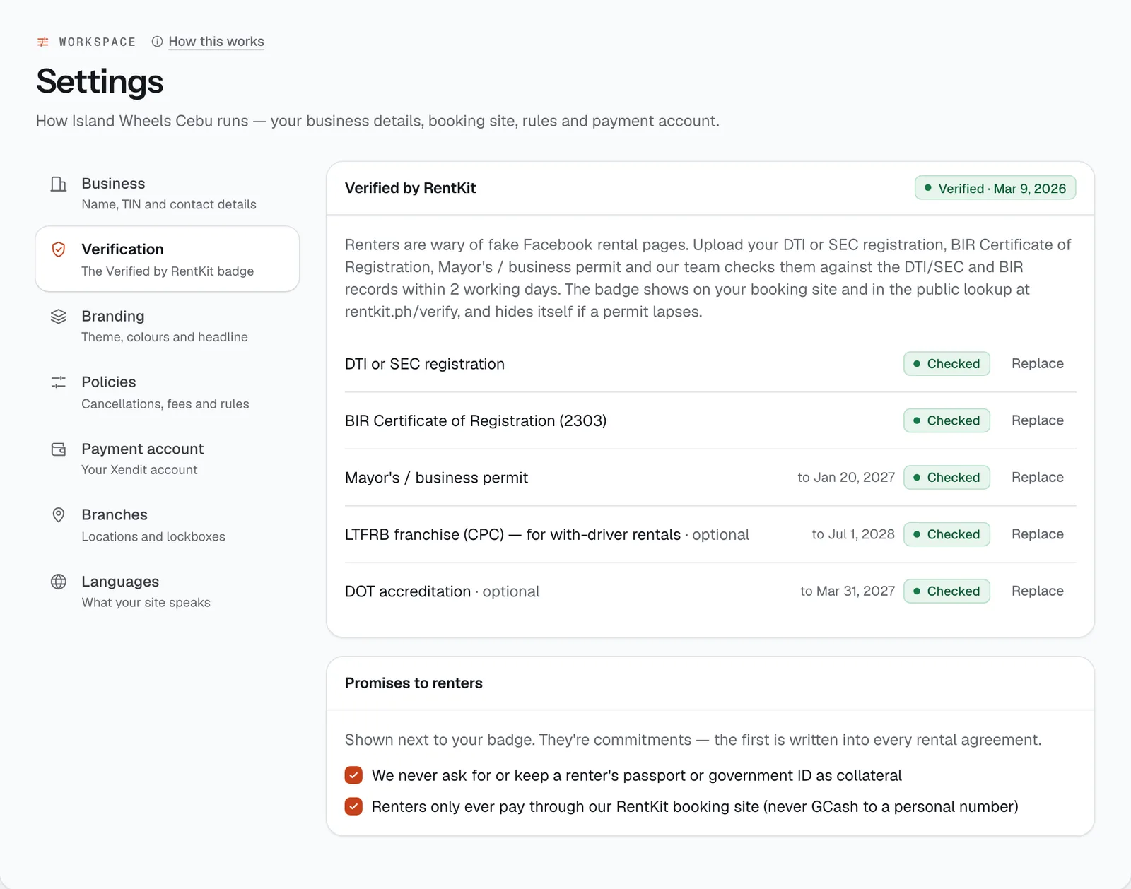 Settings, Verification tab: business papers with their status, and the promises to renters