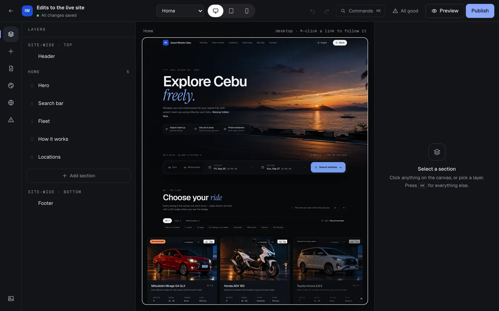The Site Builder studio: panels on the left, the page in the middle, the selected section's settings on the right