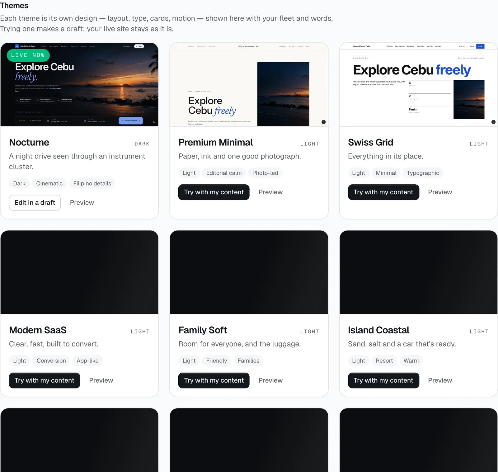 The theme gallery in the Site Builder, each theme shown with your own vehicles and words