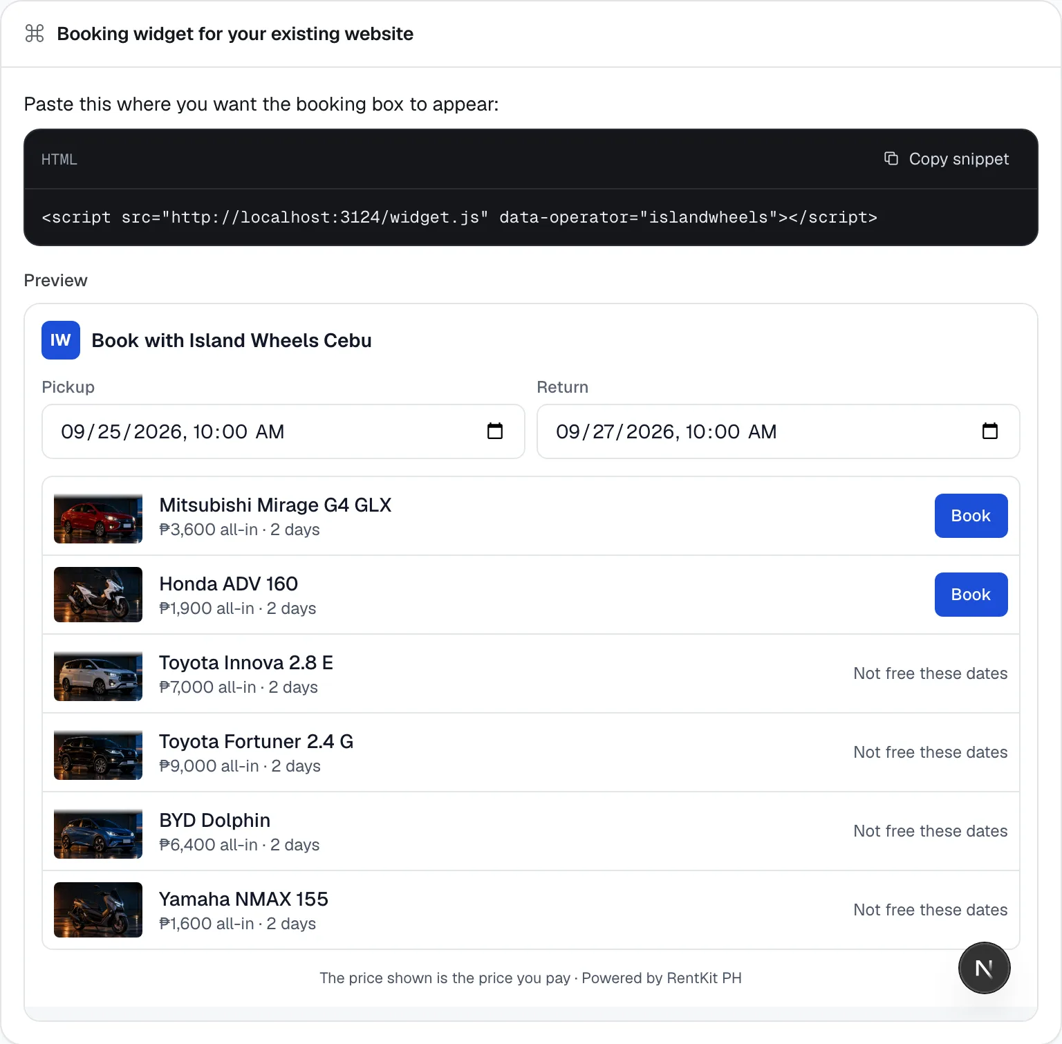 The booking widget card: the one-line code to paste into your website and a live preview of the booking box