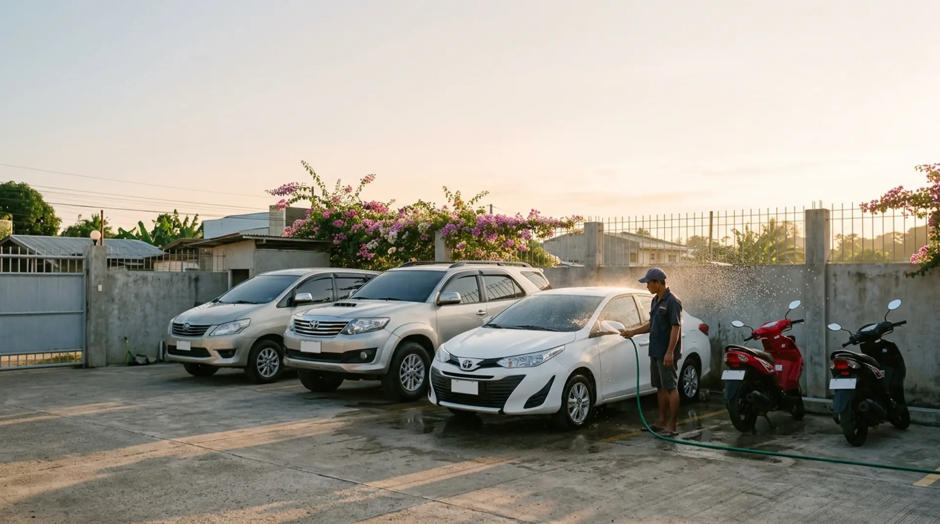 A small rental fleet — Innova, Fortuner, Vios and scooters — being washed at sunrise
