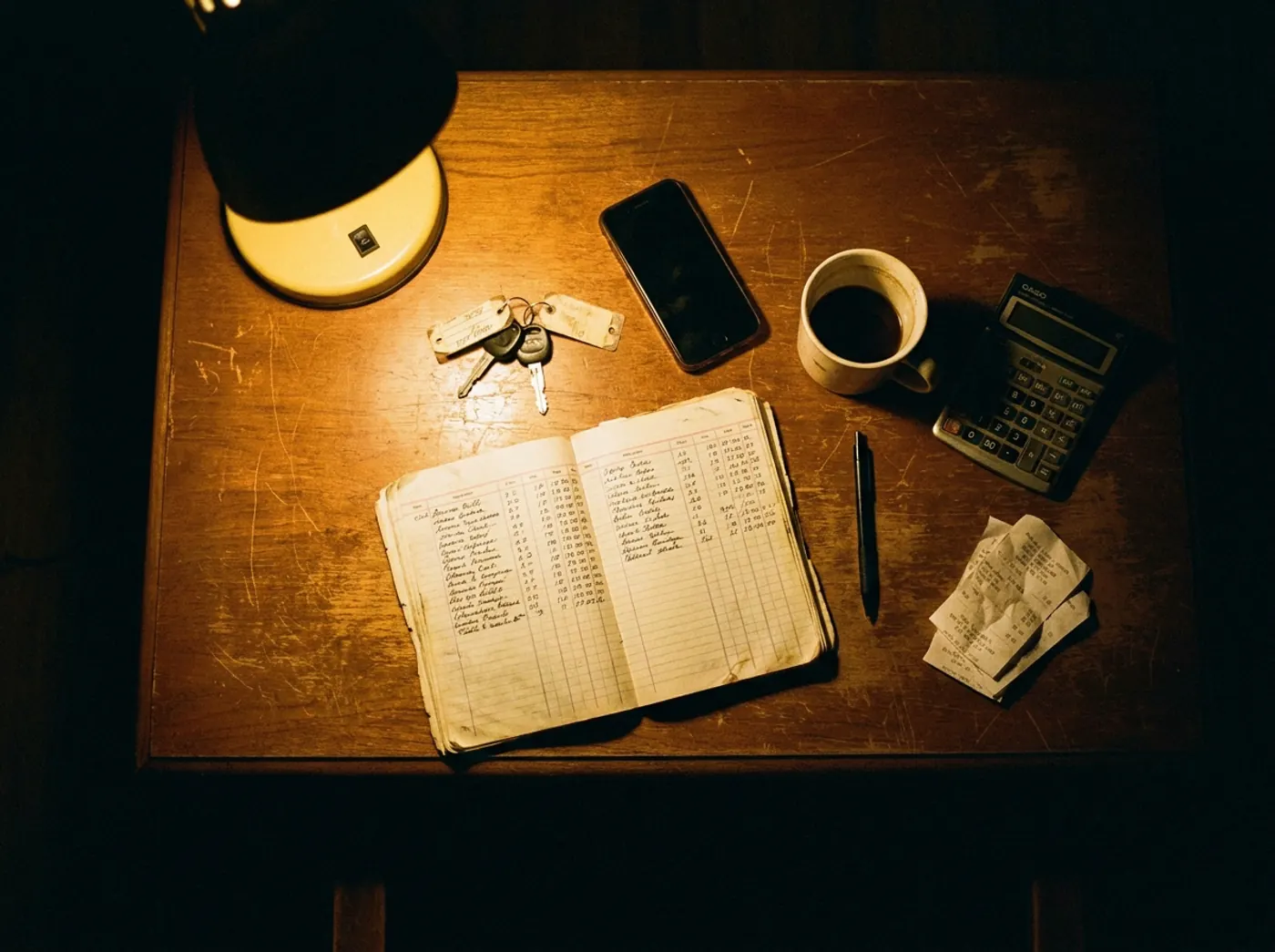 A rental logbook, car keys with paper tags and a phone on a desk late at night